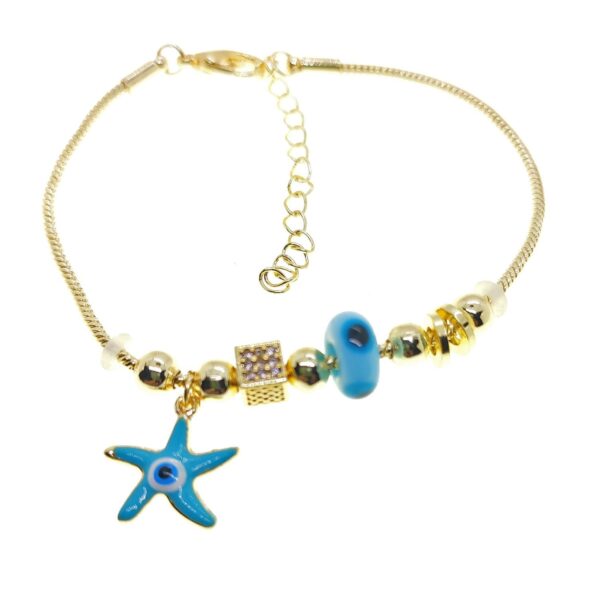 Toptan Altın Renk Turkuaz Mineli  Deniz Yıldızı Motif  Zirkon Taşlı Pandora Bileklik - 2164