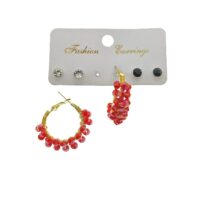 Toptan Altın Renk Kırmızı Boncuk Şık Pollyanna El İşi Kombin Küpe - 2249