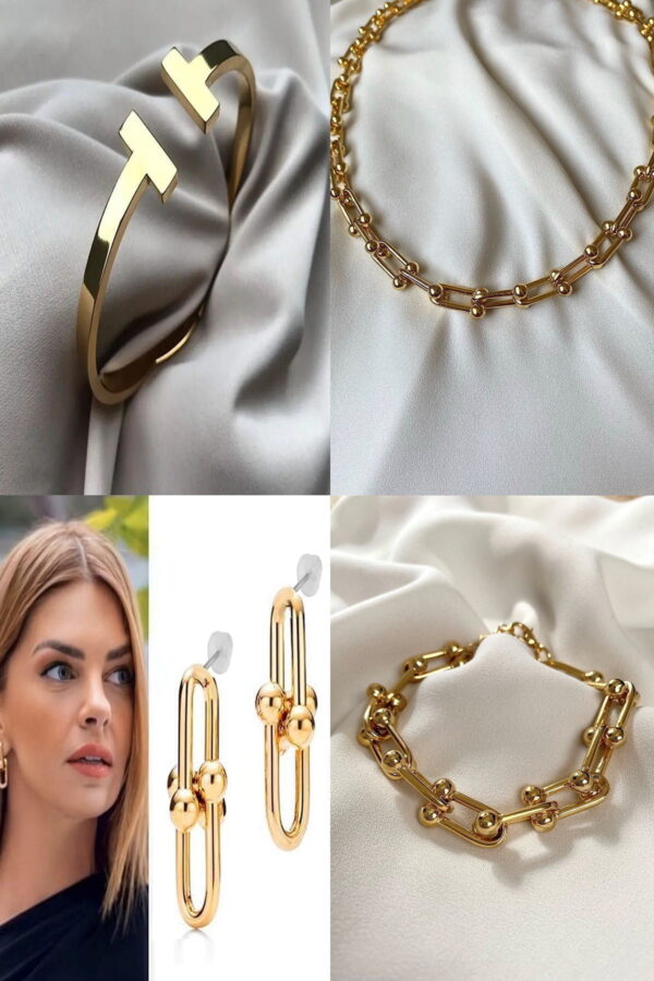 Toptan Altın Renk Tiffany  Blanca Kombin Set Kolye, Bileklik, Kelepçe Ve Küpeden Oluşan Kombin Ürün - 2275