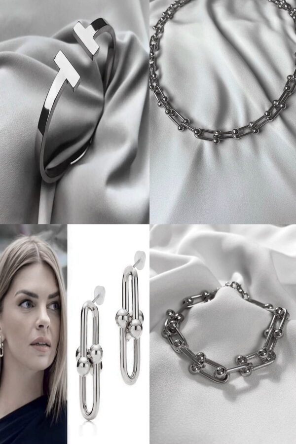 Toptan Gümüş Renk Tiffany  Blanca Kombin Set Kolye, Bileklik, Kelepçe Ve Küpeden Oluşan Kombin Ürün - 2276