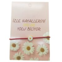 Toptan Altın Renk Kırmızı İp Papatya Beyaz Mineli Arkadaş Şans Bilekliği - 2286