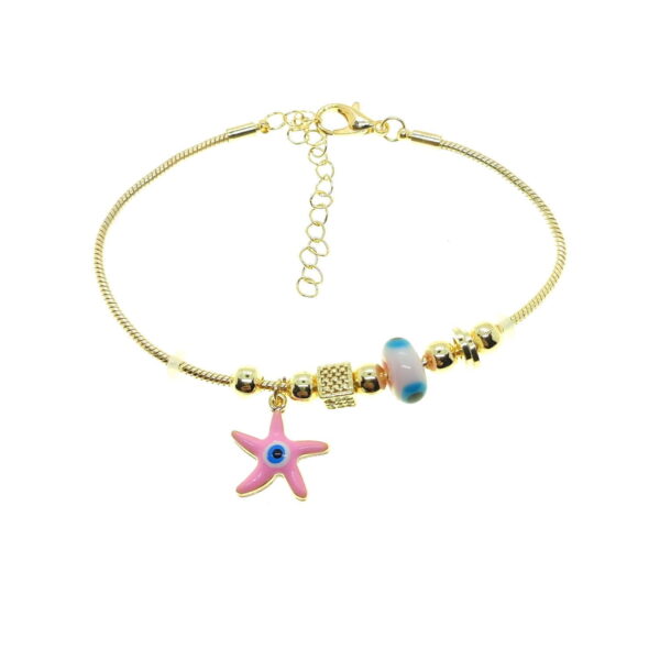 Toptan Altın Renk Pembe Mineli  Deniz Yıldızı Motif  Zirkon Taşlı Pandora Bileklik - 2364