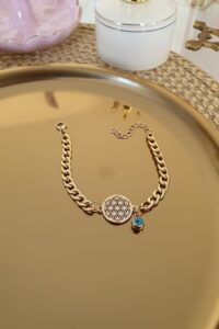 Toptan Altın Renk Ezme Model Nazar Boncuğu Detaylı Yaşam Çiçeği Bileklik - 2407