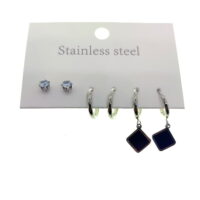 Toptan Gümüş Renk Tek Taş Halka Sallantılı Siyah Kare  Çelik Küpe - 2587