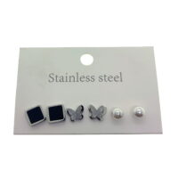 Toptan Gümüş Renk  Siyah Kare Kelebek Tek İnci Çelik Küpe - 2575