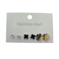 Toptan Altın Renk Tek Taş Siyah Artı Yonca Çelik Küpe - 2578