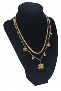 Toptan Altın Renk Çift Zincir Yonca  Nazar Göz  Çelik Kolye - 2513