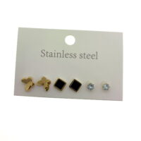 Toptan Altın Renk Kelebek Siyah Kare Tek Taş Çelik Küpe - 2576