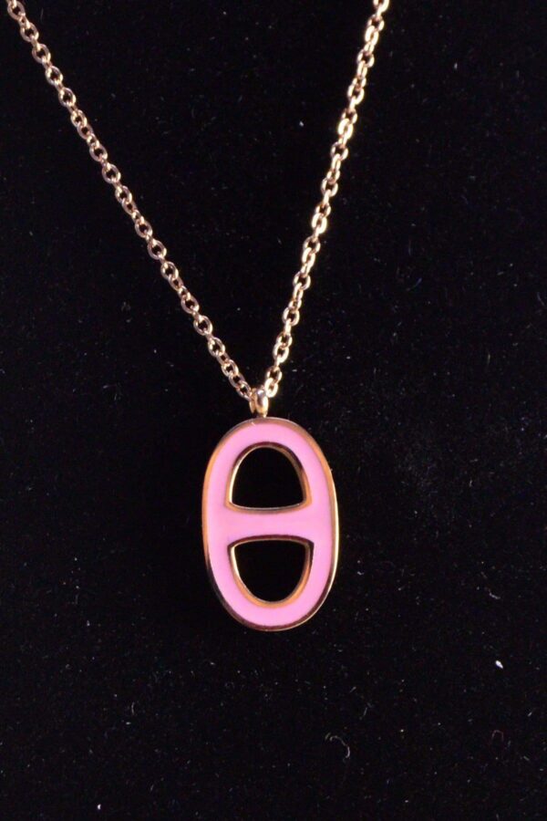 Toptan Altın Renk  Pembe Oval Çelik Kolye - 2465