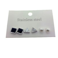 Toptan Gümüş Renk  Siyah Kare Üçgen İnci Çelik Küpe - 2583