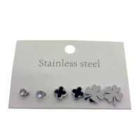 Toptan Gümüş Renk Tek Taş Siyah Artı Yonca Çelik Küpe - 2579