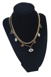 Toptan Altın Renk Çift Zincir Göz Nazar Damla  Çelik Kolye - 2511