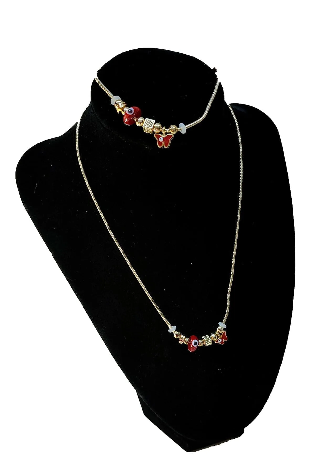 Toptan Altın Renk Kırmızı Mineli Kelebek Kolye Ve  Bileklik Pandora  Kombin Zirkon Set Takım -  2788