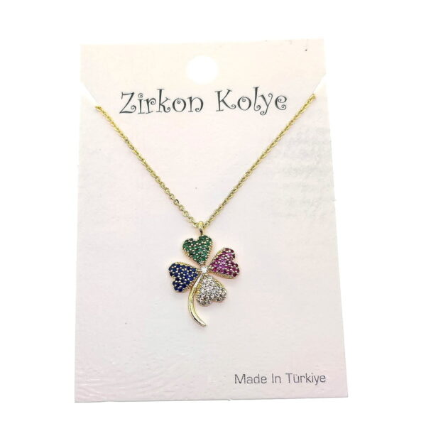Toptan Altın Renk Renkli Yonca Model Zirkon Kolye  - 2742