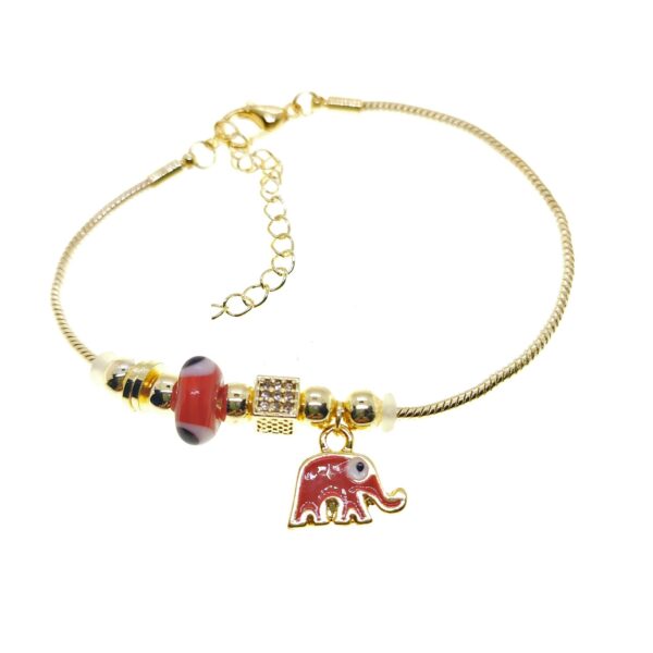 Toptan Altın Renk Turuncu Mineli Fil Motif  Zirkon Taşlı Pandora Bileklik - 2166 - Görsel 2