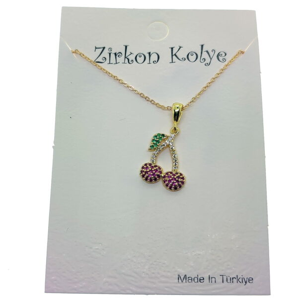 Toptan Altın Renk Kiraz Model Zirkon Kolye  - 2744
