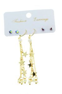 Toptan Altın Renk Yıldız Püsküllü Kombin Beyaz Küpe - 2812