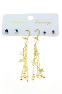 Toptan Altın Renk Yıldız Püsküllü Kombin Şeffaf Boncuk Küpe - 2832