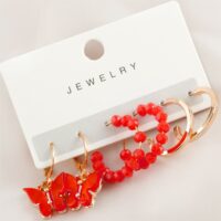 Toptan Altın Renk Kadın 6 'lı Kırmızı Kelebek Zirkon Küpe Seti - 2924