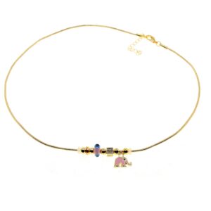 Toptan Altın Renk Pembe Mineli Fil Pandora Model Zirkon Kolye  - 3002