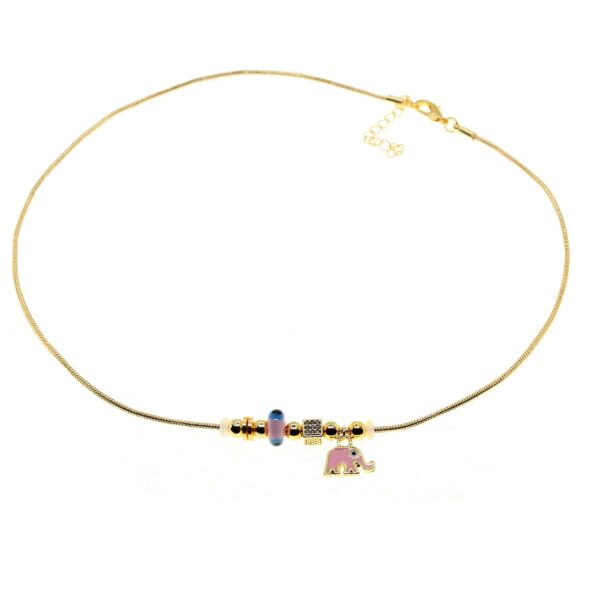 Toptan Altın Renk Pembe Mineli Fil Pandora Model Zirkon Kolye  - 3002