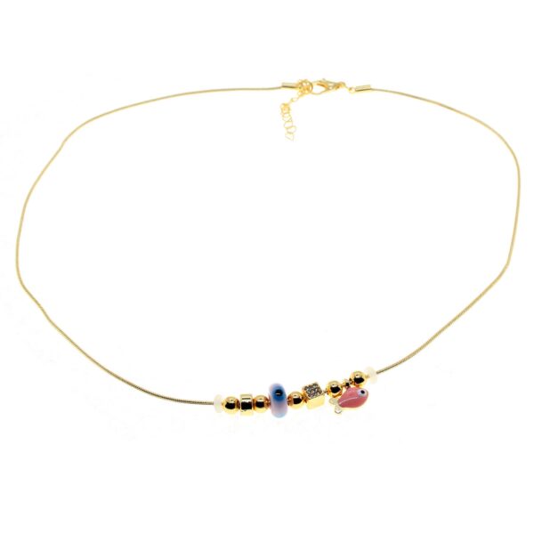 Toptan Altın Renk Pembe Mineli Balık Pandora Model Zirkon Kolye  - 2984