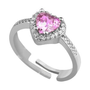 Toptan Gümüş Renk Pembe Taş Kalp Şekil Lovely  Zirkon Pandora Yüzük Ayarlanabilir Her Parmağa Olur  - 2979