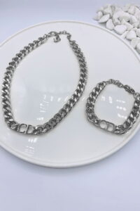 Toptan Gümüş Renk Kombin  Cd Harfli Christian Dior Model Kalın Zincir Kolye Bileklik Set  - 3009