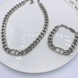 Toptan Gümüş Renk Kombin  Cd Harfli Christian Dior Model Kalın Zincir Kolye Bileklik Set  - 3009