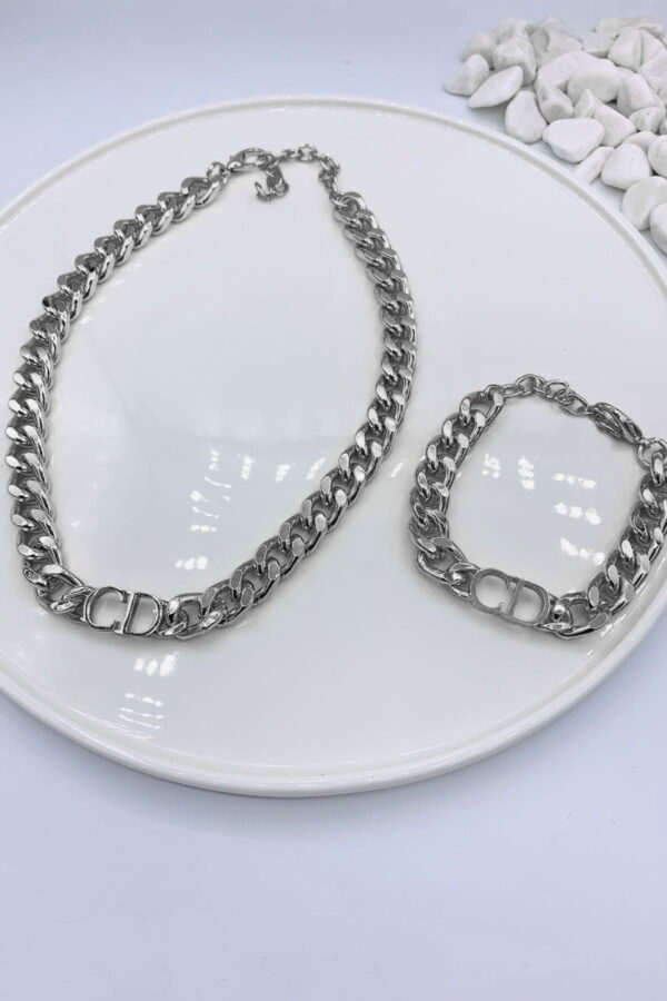 Toptan Gümüş Renk Kombin  Cd Harfli Christian Dior Model Kalın Zincir Kolye Bileklik Set  - 3009