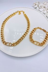 Toptan Altın Renk Kombin  Cd Harfli Christian Dior Model Kalın Zincir Kolye Bileklik Set  - 3008