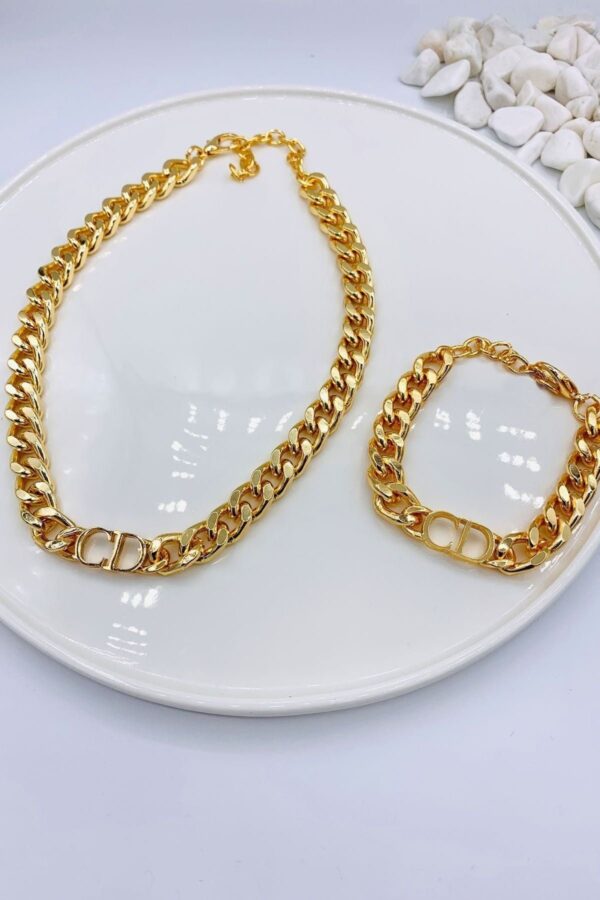 Toptan Altın Renk Kombin  Cd Harfli Christian Dior Model Kalın Zincir Kolye Bileklik Set  - 3008