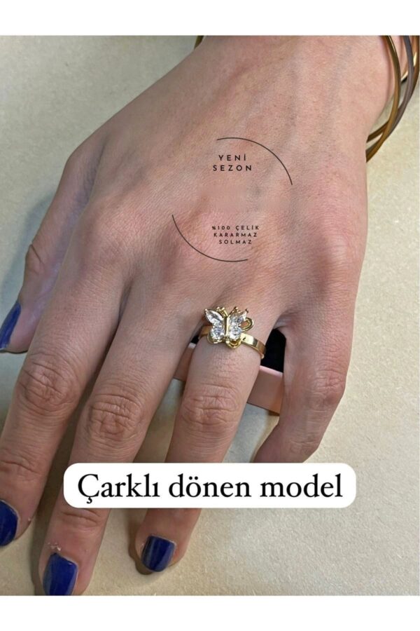 Toptan Altın Renk Kelebek Model Zirkon Taşlı Model Döner Ayarlanabilir Çelik Ucu Dönen Çelik Yüzük - 3110 - Görsel 3