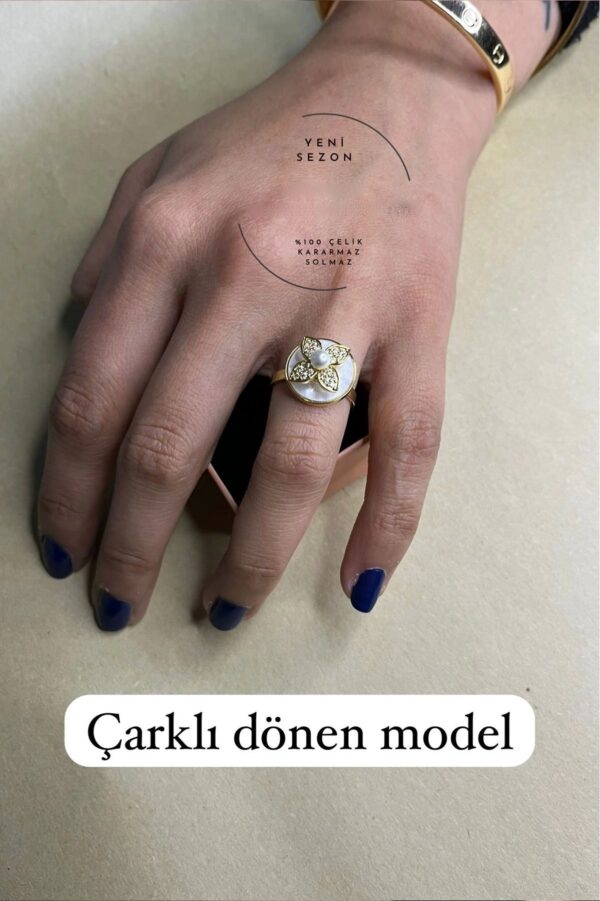 Toptan Altın Renk Dört Kanat Model Zirkon Taşlı Döner Ayarlanabilir Ucu Dönen Stres çelik Yüzük - 3086 - Görsel 2