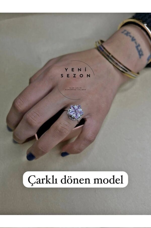 Toptan Gümüş Renk Mor Lotus Model Zirkon Taşlı Çelik Ayarlanabilir Ucu Dönen Çelik Yüzük - 3103 - Görsel 2
