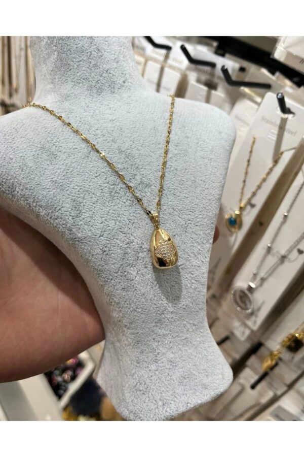 Toptan Altın Renk Singapur Zincirde Taşlı Göz Yaşı Bottega Model Vip Solmaz Kararmaz Çelik Kolye- 3054