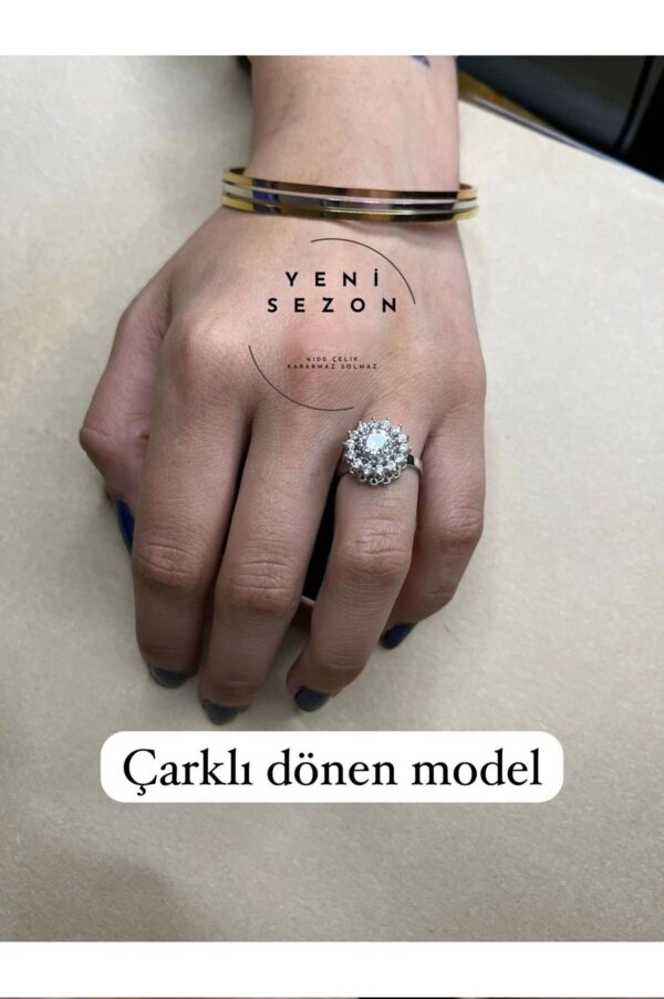 Toptan Gümüş Renk Ayçiçeği Model Zirkon Taşlı Çelik Ayarlanabilir Dönen Çelik Yüzük - 3101 - Görsel 2