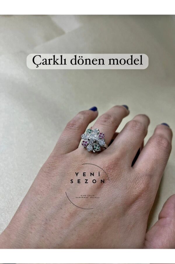 Toptan Gümüş Renk Yeşil Kırmızı Zirkon Taş İşlemeli Model Ucu Dönen Ayarlanabilir Çelik Yüzük - 3119 - Görsel 2