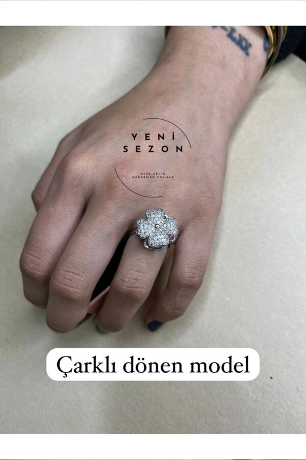 Toptan Gümüş Renk Dört Yaprak Yonca Model Zirkon Taşlı Çelik Ayarlanabilir Ucu Dönen Çelik Yüzük -3095 - Görsel 2