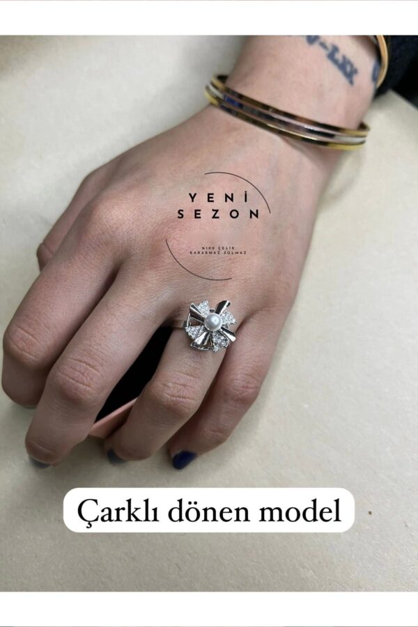 Toptan Gümüş Renk İnci Ve Kanat Model Zirkon Taşlı Çelik Ayarlanabilir Ucu Dönen Stres Çelik Yüzük - 3097 - Görsel 2