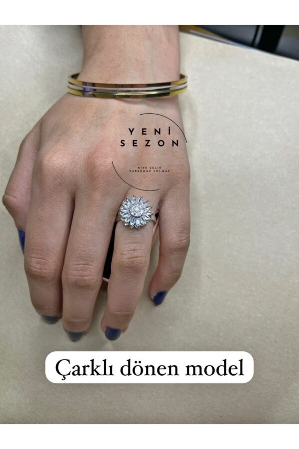 Toptan Gümüş Renk Yaprak Mekik Kesim Baget Model Zirkon Taşlı Çelik Ayarlanabilir Dönen Çelik Yüzük - 3115 - Görsel 2