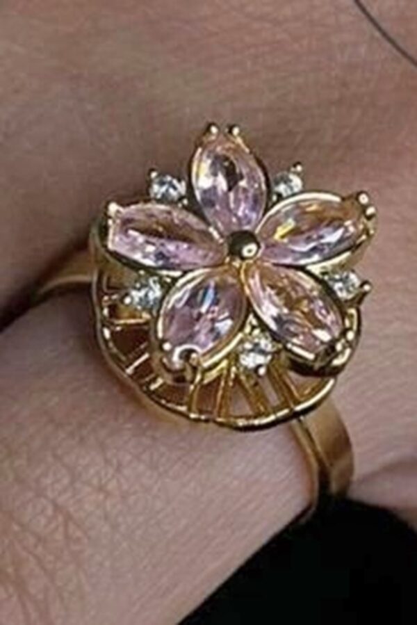 Toptan Altın Renk Pembe Lotus Model Zirkon Taşlı Çelik Ayarlanabilir Ucu Dönen Çelik Yüzük - 3109