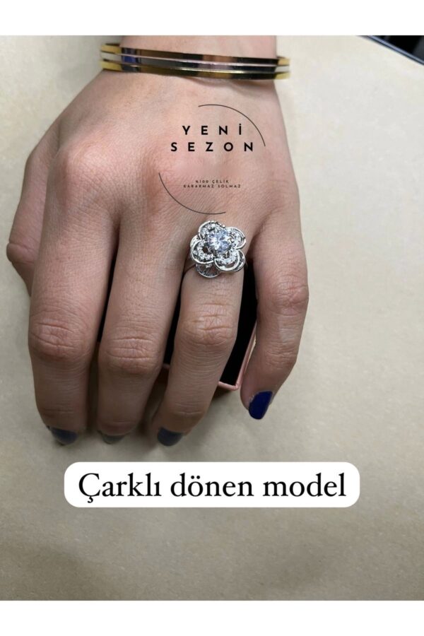 Toptan Gümüş Renk Ortası Taşlı One Craft Model Zirkon Taşlı Ayarlanabilir Ucu Dönen Çelik Yüzük - 3093 - Görsel 2
