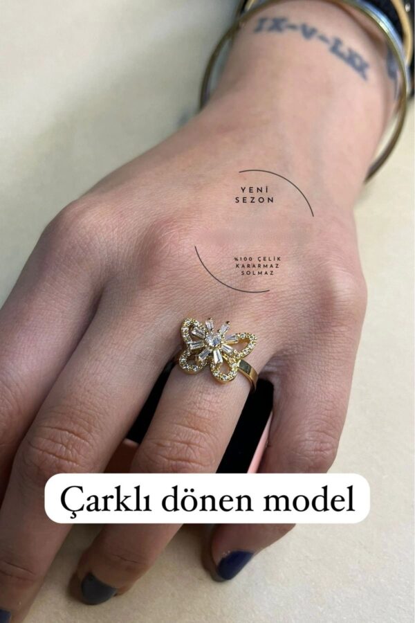 Toptan Altın Renk Kelebek Baget Model Zirkon Taşlı Ayarlanabilir Ucu Dönen Çelik Yüzük - 3089 - Görsel 2
