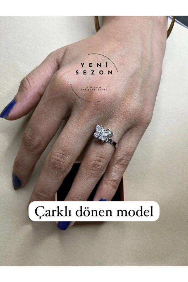 Toptan Gümüş Renk Kelebek Model Zirkon Taşlı Model Döner Ayarlanabilir Çelik Ucu Dönen Çelik  Yüzük - 3102 - Görsel 2