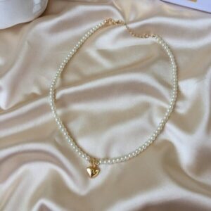 Toptan Altın Renk Incili Gold Kalp Uçlu Kolye - 3126
