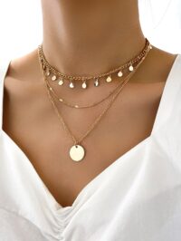 Toptan Yuvarlak Detaylı Pullu Çok Katmanlı Altın Renk Kolye