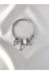 Toptan Gümüş Renk Charmlı Balıklı Beyaz Pandora Çelik Bileklik -  3157