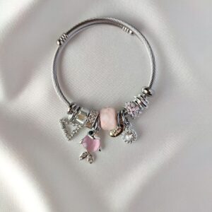Toptan Gümüş Renk Charmlı Balıklı Pembe Pandora Çelik Bileklik -  3158