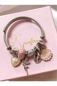 Toptan Gümüş Renk Pembe Deniz Kabuğu Charmlı Pandora Çelik Bileklik -  3159